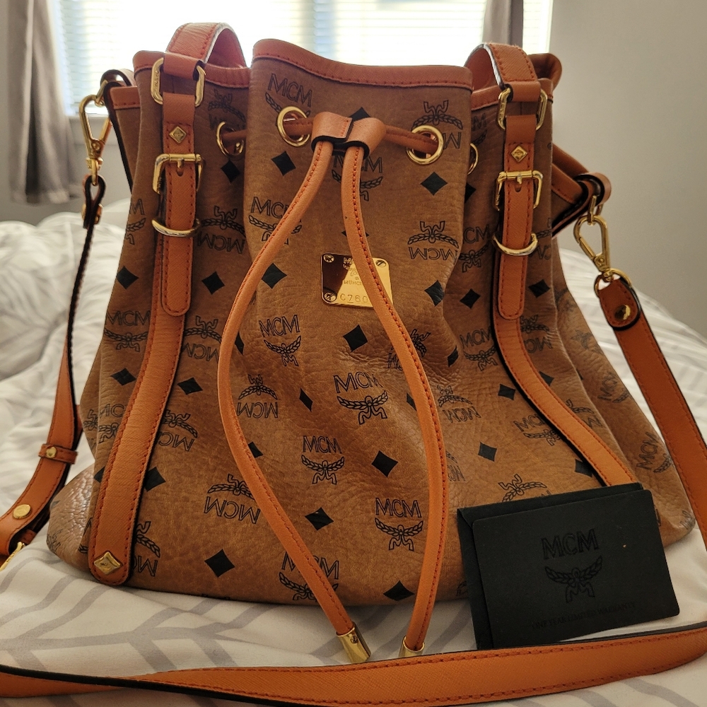 MCM Munchen Large Bucket Bag in Cognac
